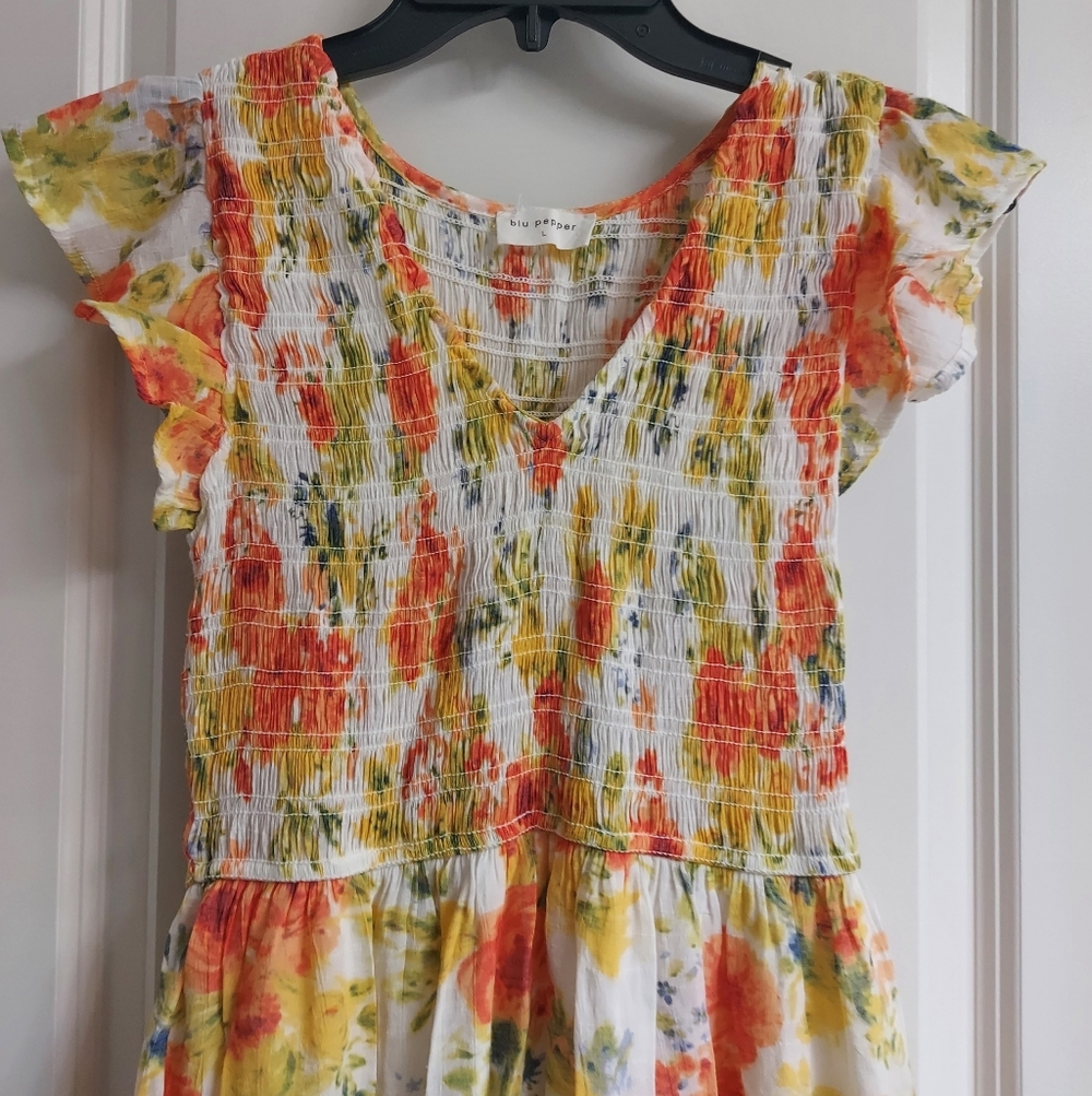 Blu Pepper Floral Dress with Orange and Yellow Accents - Picture 2 of 10